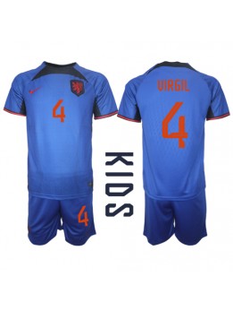 Billige Nederland Virgil van Dijk #4 Bortedraktsett Barn VM 2022 Kortermet (+ Korte bukser)